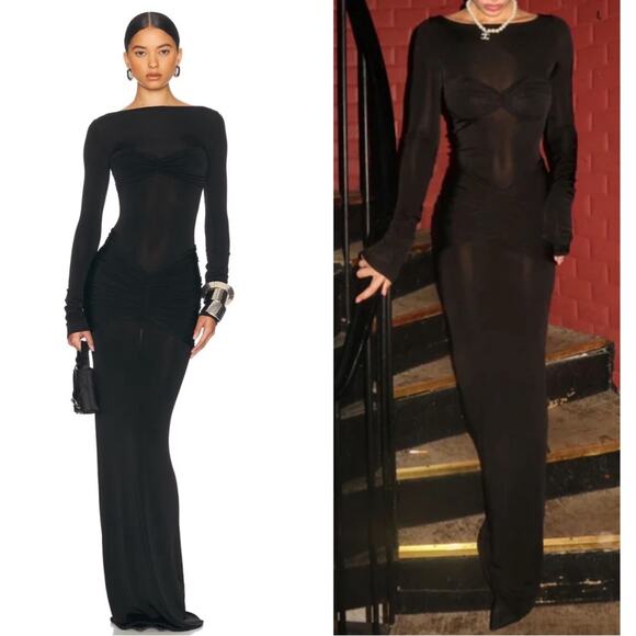 Helsa Josephine Long Sleeve Ruched Slinky Jersey Black Maxi Dress Size Medium - Picture 2 of 9